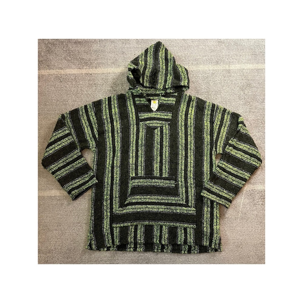 Vintage Sunspecs Mexican Baja Hoodie XL Black Lime Green Striped Drug Rug